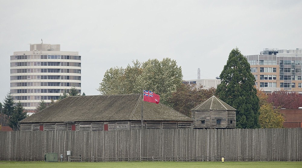 Downtown Vancouver rises behind the Fort Vancouver National Historic Site.