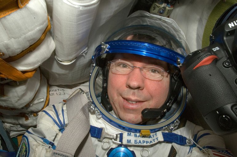 NASA PHOTO
Astronaut Mike Barratt attired in a Russian Sokol launch and entry suit on the International Space Station.