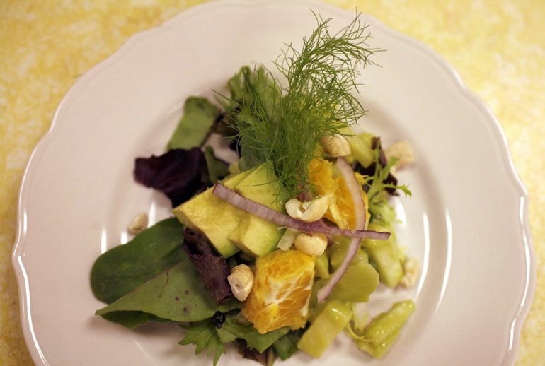 A salad with shaved fennel, jicama and avocado.