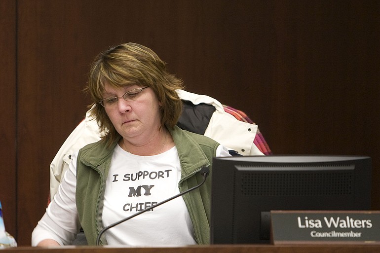 Council member Lisa Walters gets emotional during Monday's packed meeting.