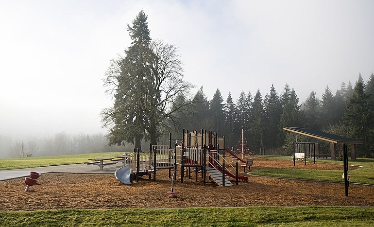 The new Fairgrounds Community Park features modern playground equipment and a covered picnic area.