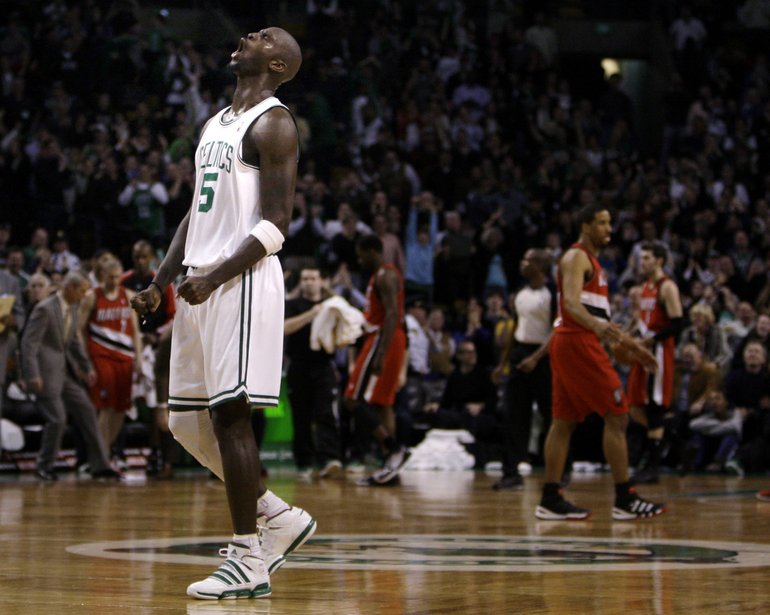 Boston Celtics forward Kevin Garnett yells as the Celtics take a three point lead in the final seconds of overtime against the Portland Trail Blazers during their NBA basketball game in Boston, Friday, Jan. 22, 2010. The Celtics beat the Trail Blazers 98-95. Garnett returned to the Celtics after being sidelined with a knee injury for almost a month.