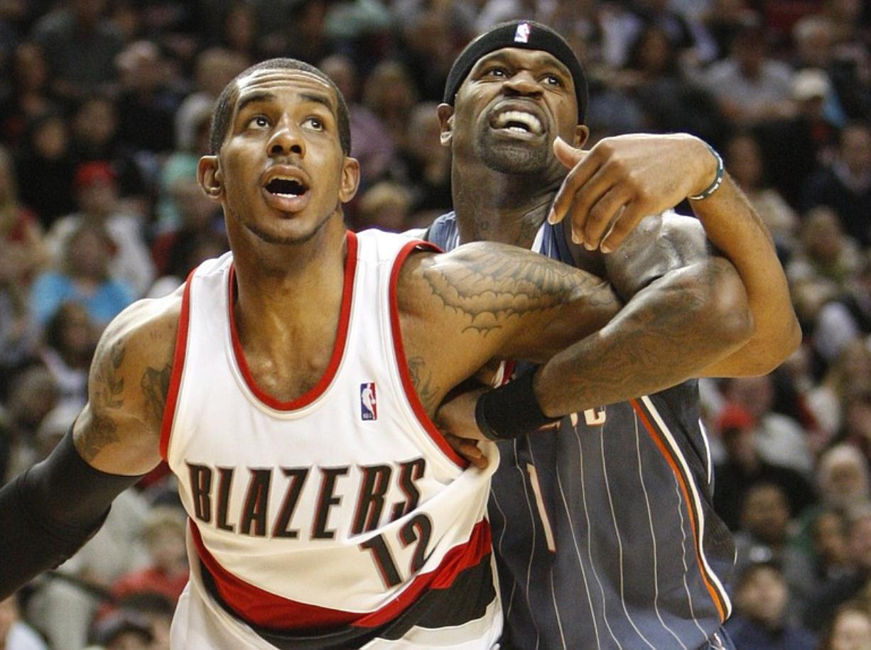 Charlotte Bobcats Stephen Jackson (1) battle for position with Portland Trail Blazers LaMarcus Aldridge (12) during the third quarter of the NBA game Monday, Feb. 1, 2010, in Portland, Ore. The Trail Blazers defeated the Bobcats 98-79.