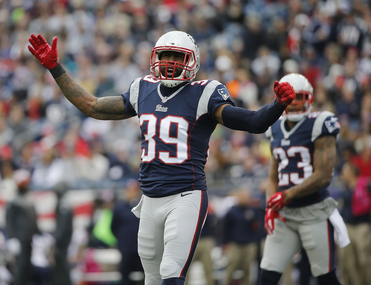 New England's Brandon Browner (39) exhorts the crowd during an October game against Chicago.