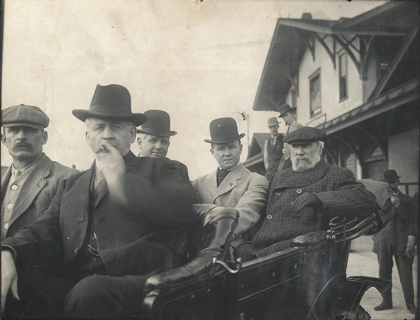 Vancouver Mayor John Kiggins, in center of the back seat, welcomed Great Northern Railway tycoon James J. Hill, with beard, during a visit. The photo was shot on Oct. 4, 1911, at Vancouver's railroad depot.
