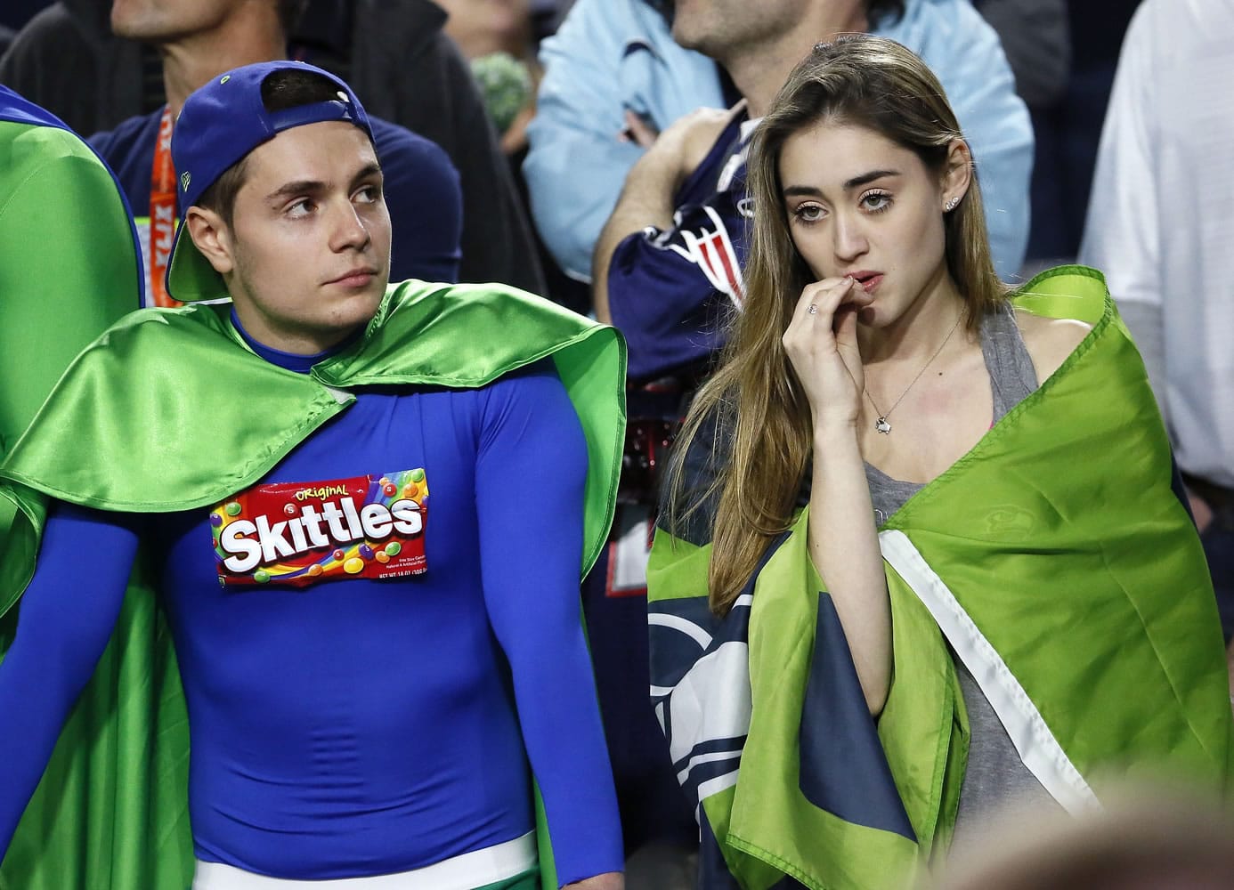 Seattle Seahawks fans react during the second half of the Super Bowl in Glendale, Ariz.