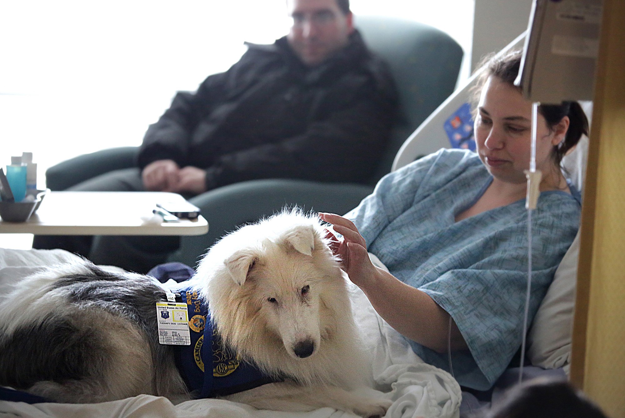 Lothair, a deaf therapy dog that owner Melanie Paul takes to Langley AFB weekly, is petted by patient Rebecca Bennett-Jordan as Steven Jordan watches in Hampton, Va.