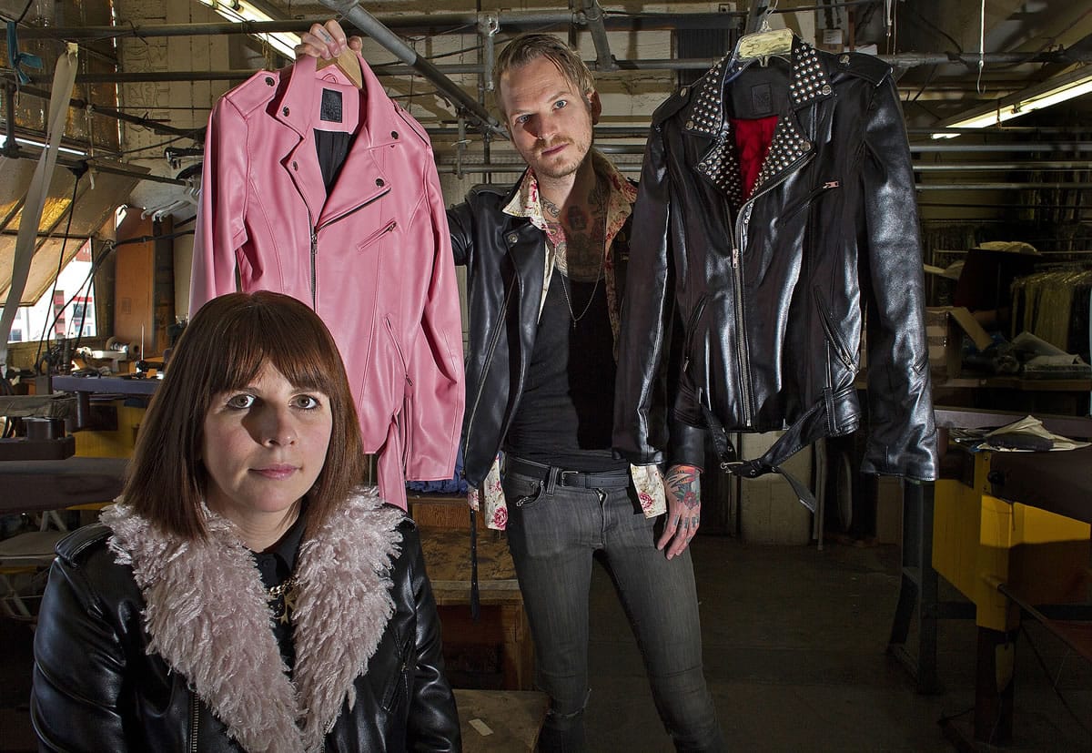 Co-founders Sarah and Mikey Brannon have started a line of vegan fashion which includes high-end faux leather jackets like the ones they are wearing.
