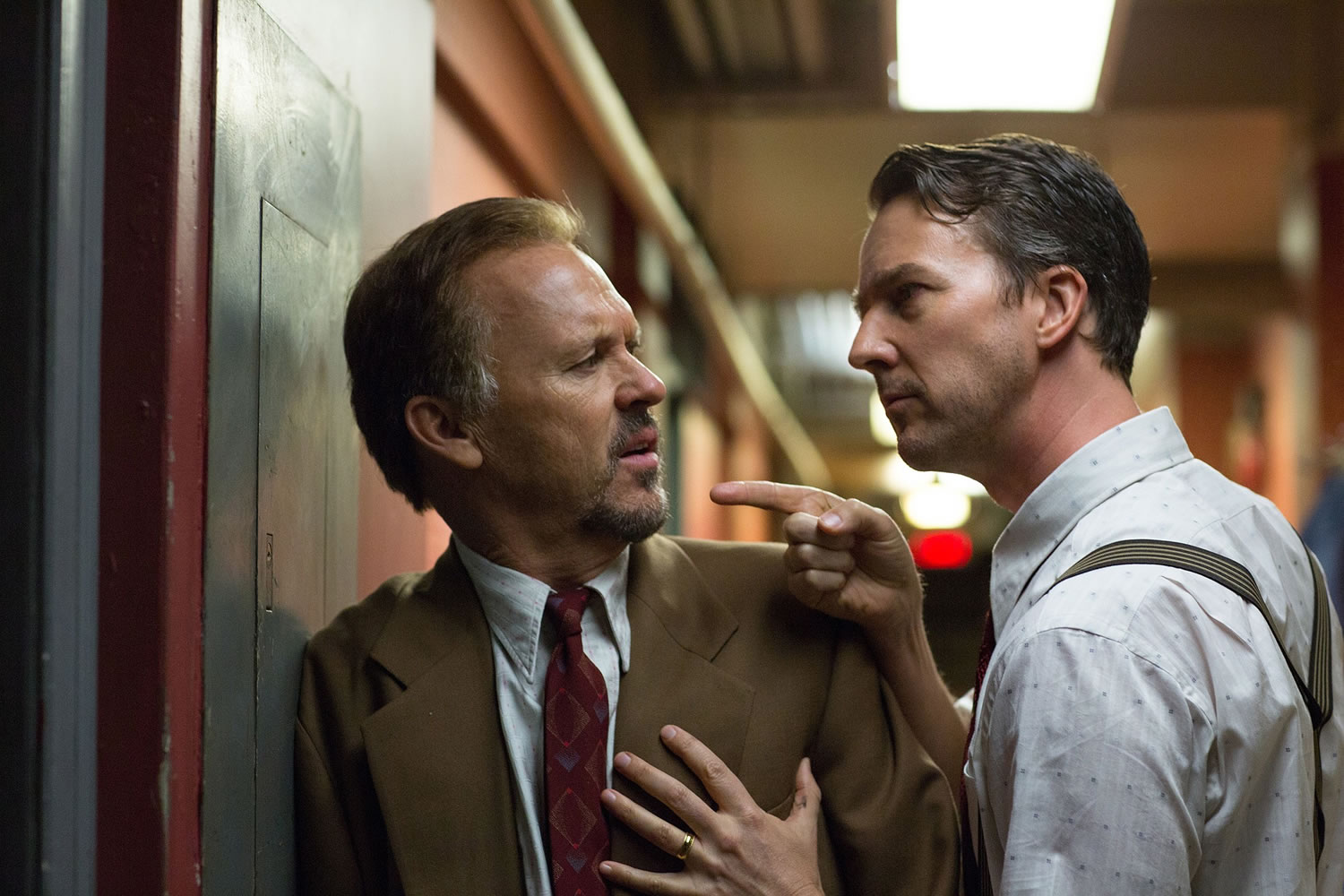Michael Keaton, left, and Edward Norton appear in a scene from &quot;Birdman.&quot;