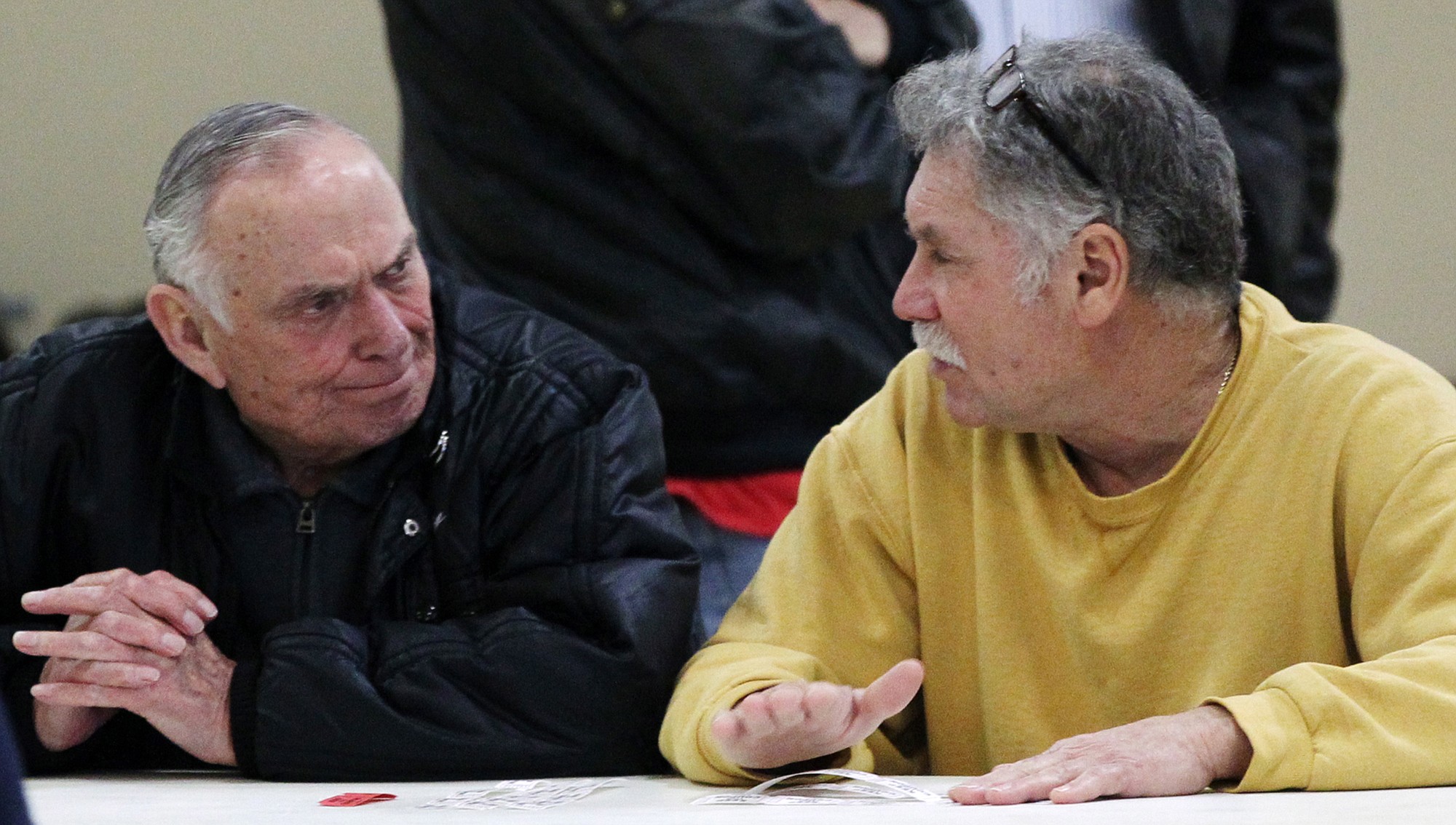 Consolidated Freight retirees Dick Meadows, 80, left, and Joe Mardula, 62, converse at a Retired Teamsters Fellowship Club meeting Feb.