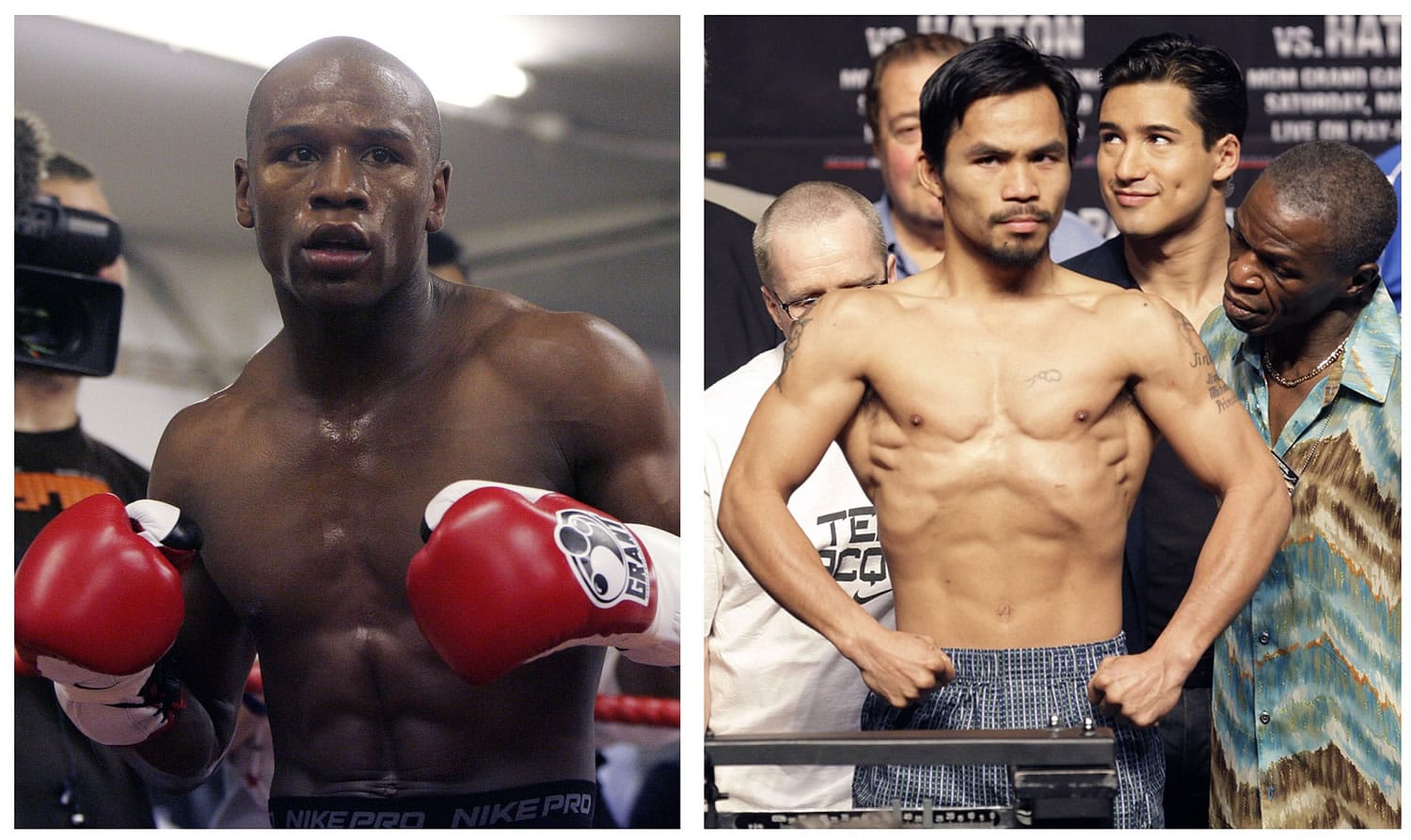Floyd Mayweather Jr., left, in a 2009 photo, and Manny Pacquiao, right, at a weigh-in on May 1, 2009, in Las Vegas will meet on May 2, 2015 in a welterweight showdown that will be boxing's richest fight ever.