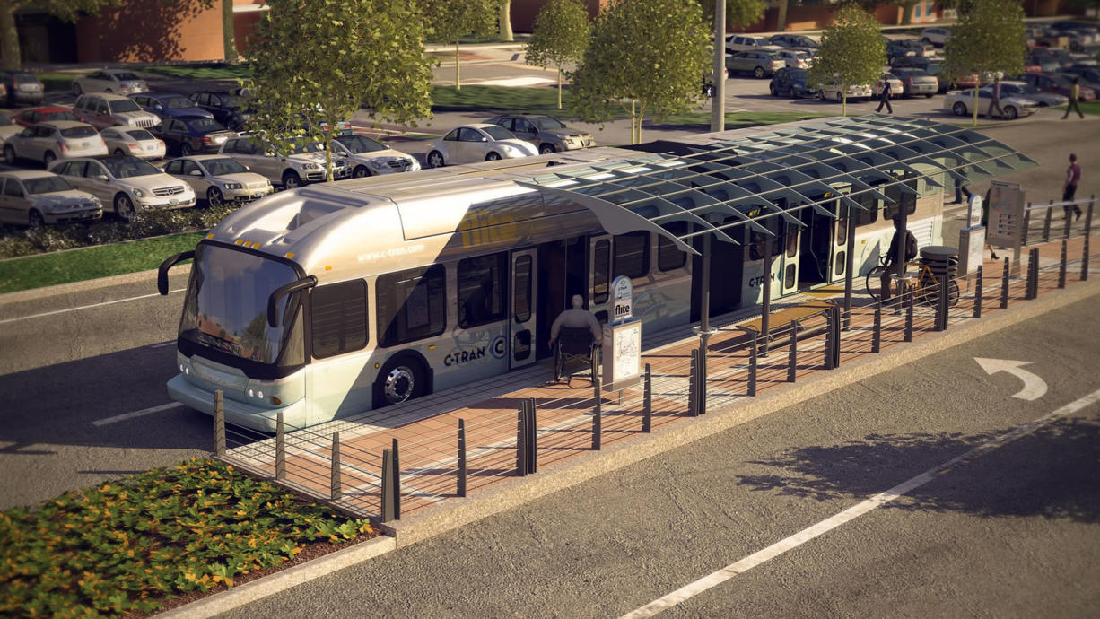 Courtesy of C-Tran
C-Tran has proposed building a bus rapid transit line in Vancouver stretching from downtown to the Westfield Vancouver mall along the city's Fourth Plain corridor. The system would also serve Clark College, as shown here in an artist rendering. If built, the line could open as soon as 2016. But some elements, including boarding station designs, remain undecided.