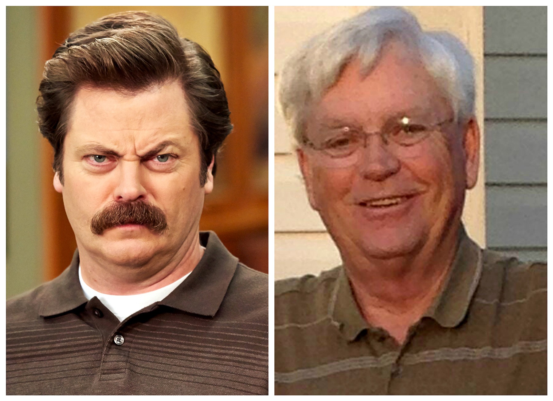 NBC (left); Mindy Swanson
Ron Swanson of &quot;Parks and Recreation,&quot; meet Ron Swanson of Noblesville, Ind.
