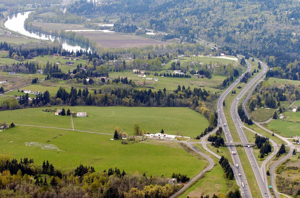 An aerial view shows the area west of La Center where 152 acres have been taken into trust for the Cowlitz Indian Reservation.