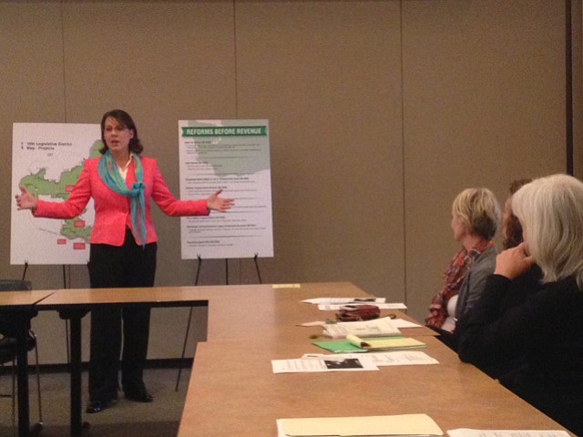Sen. Ann Rivers, R-La Center, speaks with a group of local officials and residents at the Camas Public Library on Saturday.