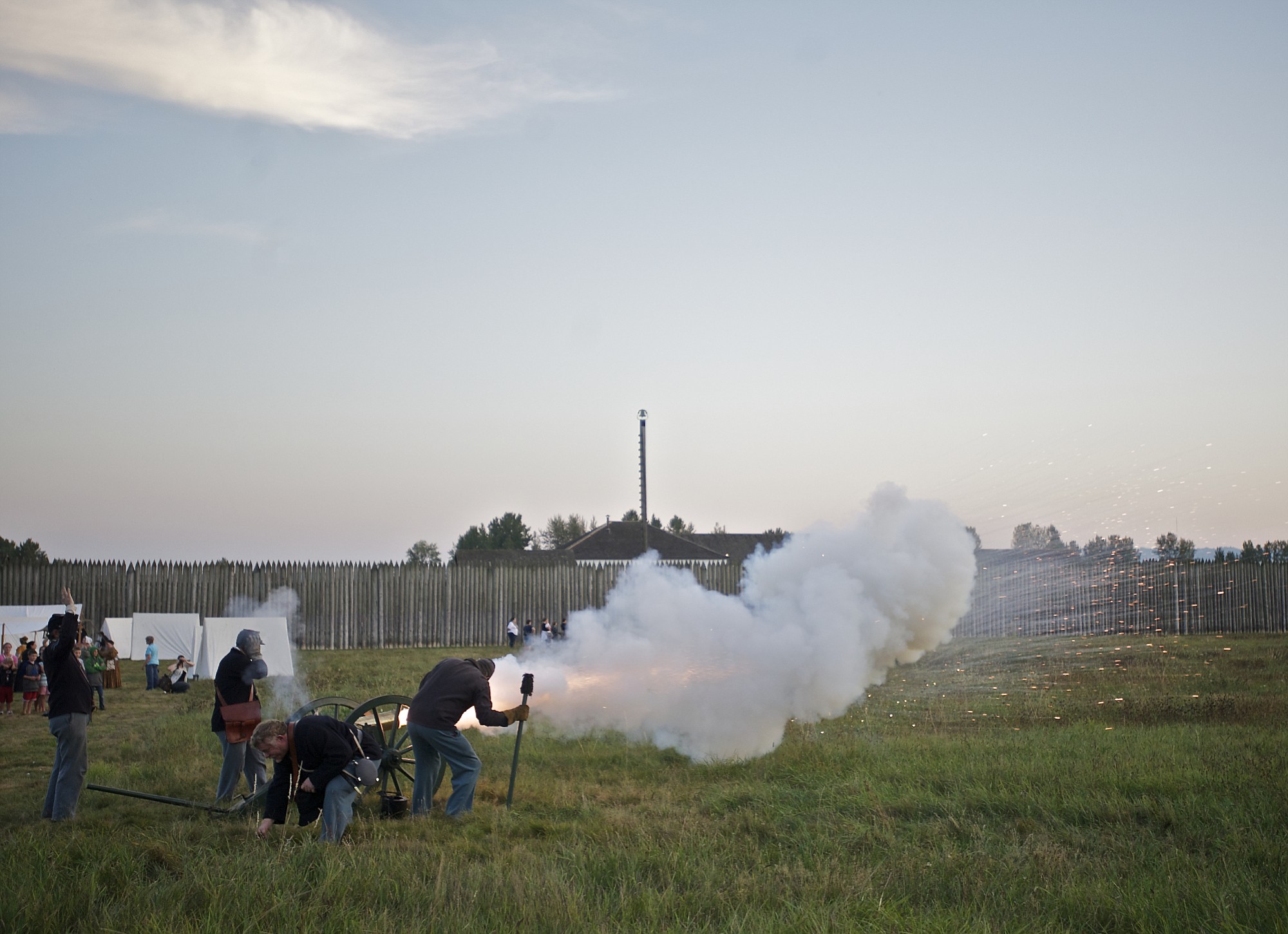 Re-enactors playing soldiers of the First Oregon Volunteers fire an artillery salute in 2013 at Fort Vancouver National Historic Site.
