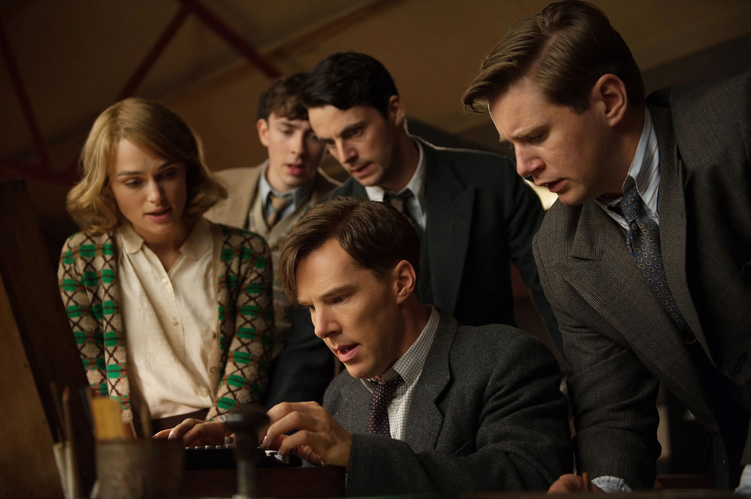 Clockwise from left, Keira Knightley, Matthew Beard, Matthew Goode, Allen Leech and Benedict Cumberbatch star in a scene from &quot;The Imitation Game.&quot;