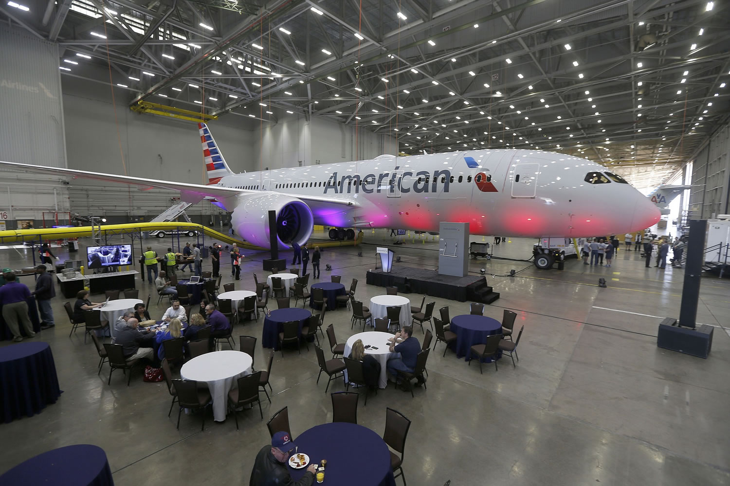 A new American Airlines Boeing 787 sits in a hangar at Dallas-Fort Worth International Airport on April 29 in Dallas.