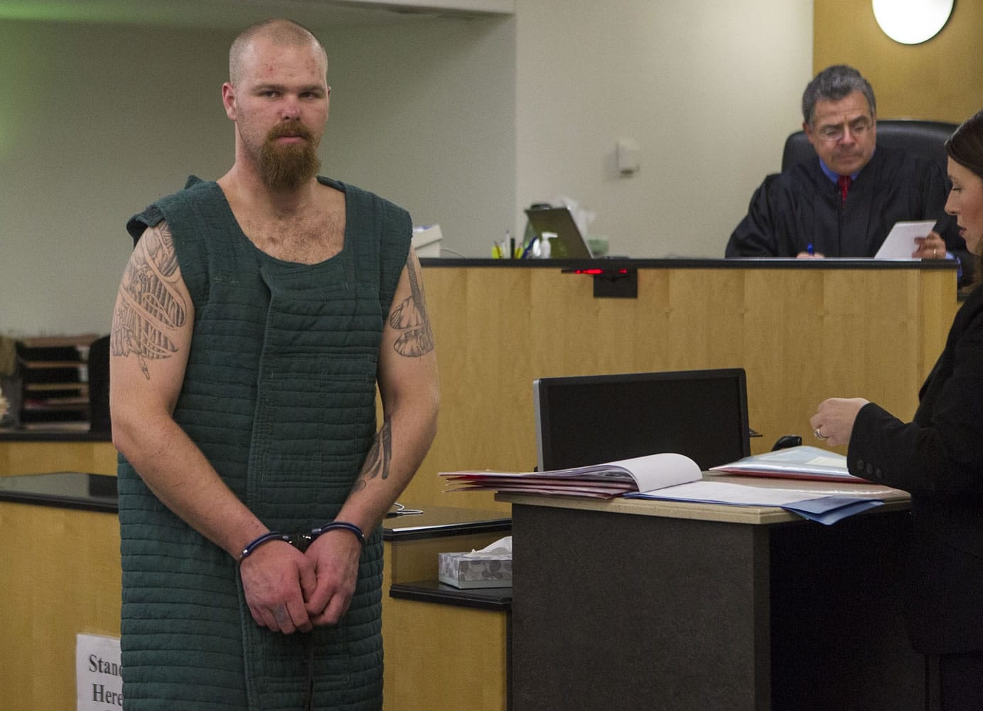 Brian Slay, 32 of Woodland, makes a first appearance in Clark County Superior Court on Dec. 29 for his involvement in an interrupted burglary and shootout in Amboy.