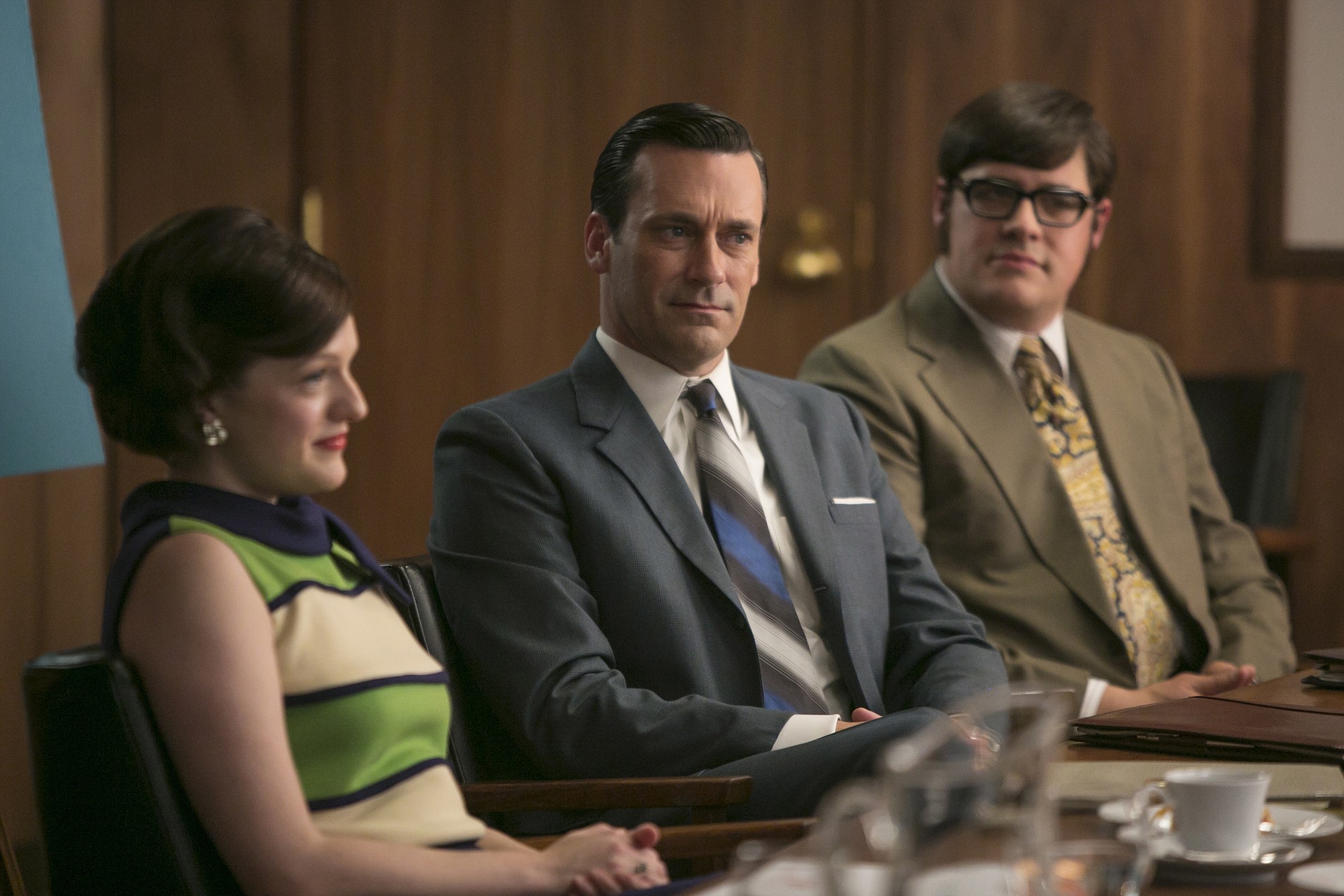 AMC
Elisabeth Moss, from left, Jon Hamm and Rich Sommer attend a meeting in &quot;Mad Men.&quot; The series finale is 10 p.m. May 17 on AMC.