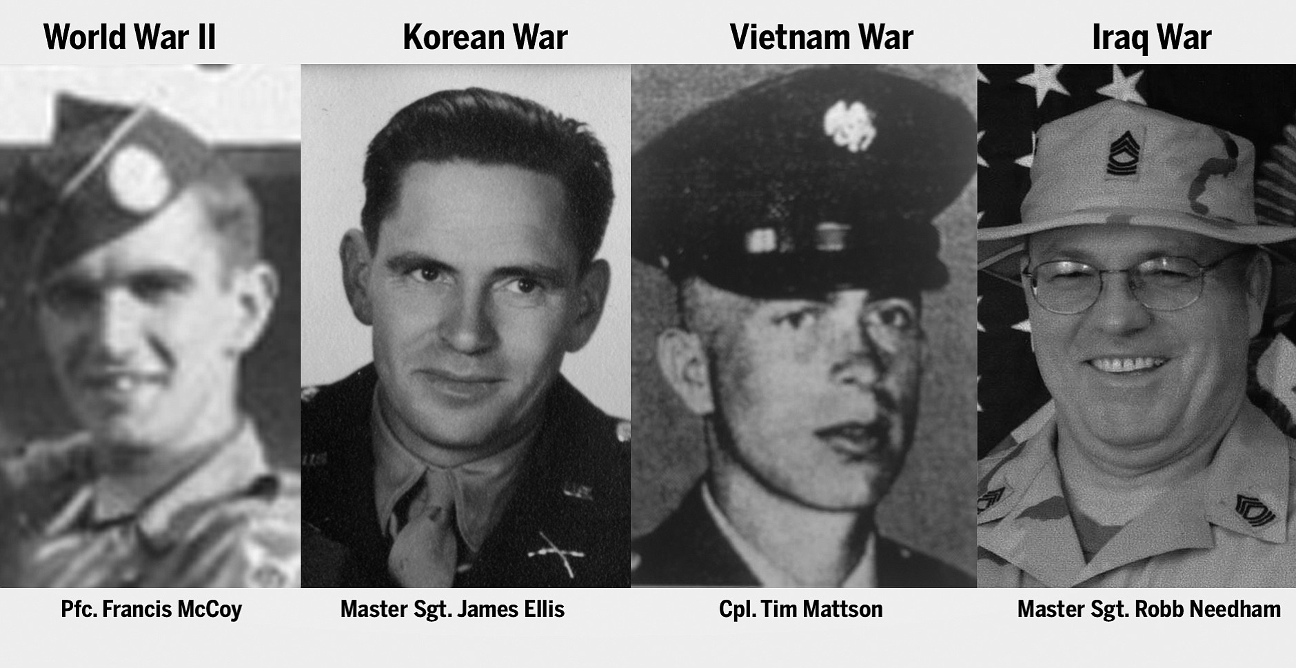 Looking ahead to Memorial Day, several local families shared their memories of four of those soldiers who died over the last 70 years or so: Pfc. Francis McCoy (World War II); Master Sgt. James Ellis (Korea); Cpl. Tim Mattson (Vietnam); and Master Sgt. Robb Needham (Iraq).