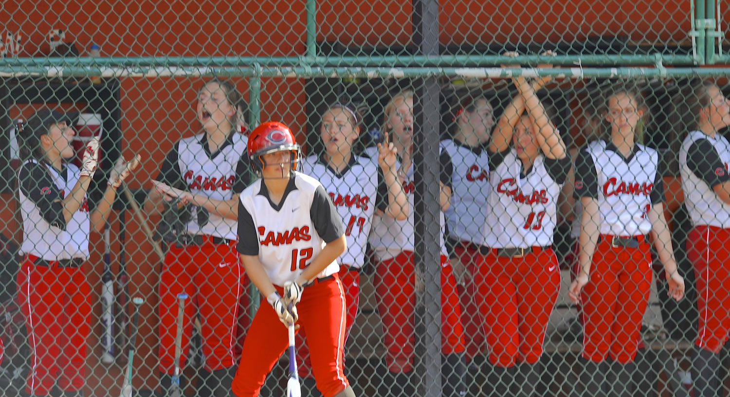 Camas players cheer on their teammates against Battle Ground in the 4A District Softball Championship in Battle Ground on May 20, 2015.