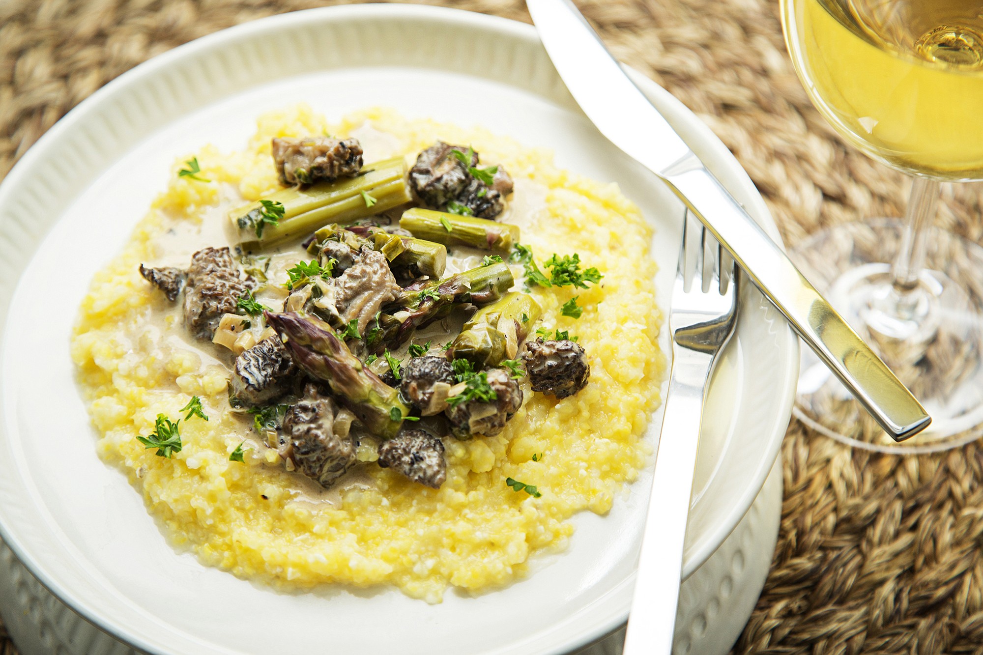 Stewed Morels, Asparagus, Ramps and Creme Fraiche Over Grits will give winter-weary cooks a lift.
