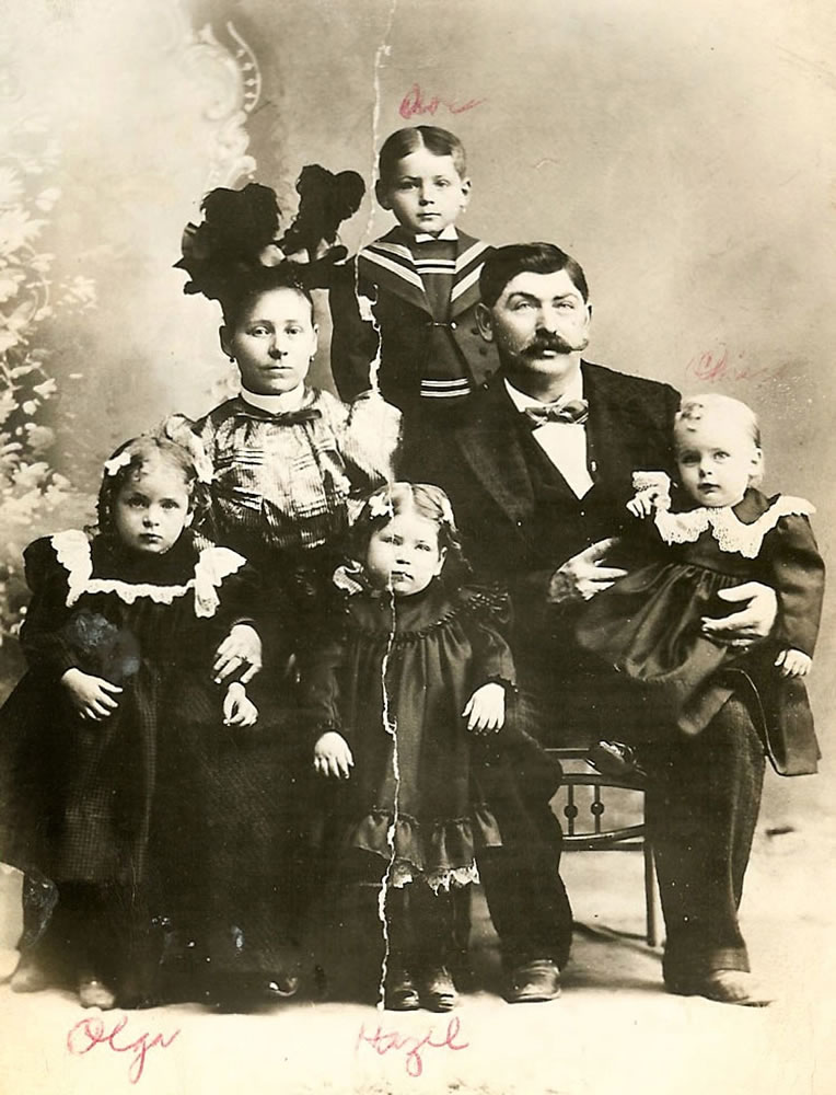 This is the family of Bernhardt Hepps, circa 1898. Back row: Abraham C.; Middle row: Berthe and Bernhardt; Front row: Olga, Hazel, and Jacob (Chick).
