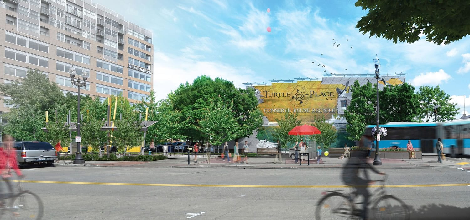 An artist's rendering of what a bus rapid transit station at downtown Vancouver's Turtle Place plaza could look like.