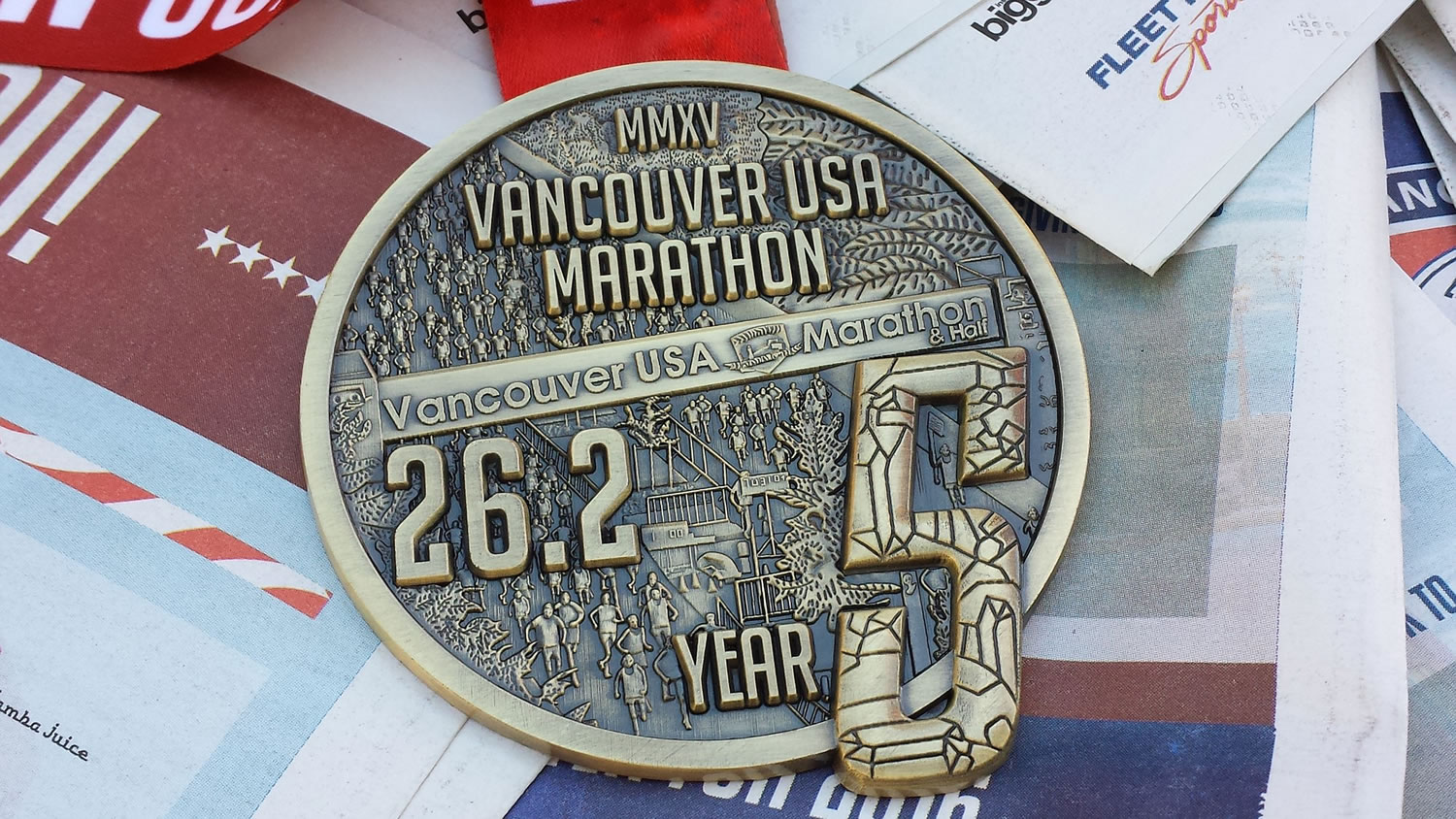 The finisher medals for the 2015 Vancouver USA Marathon