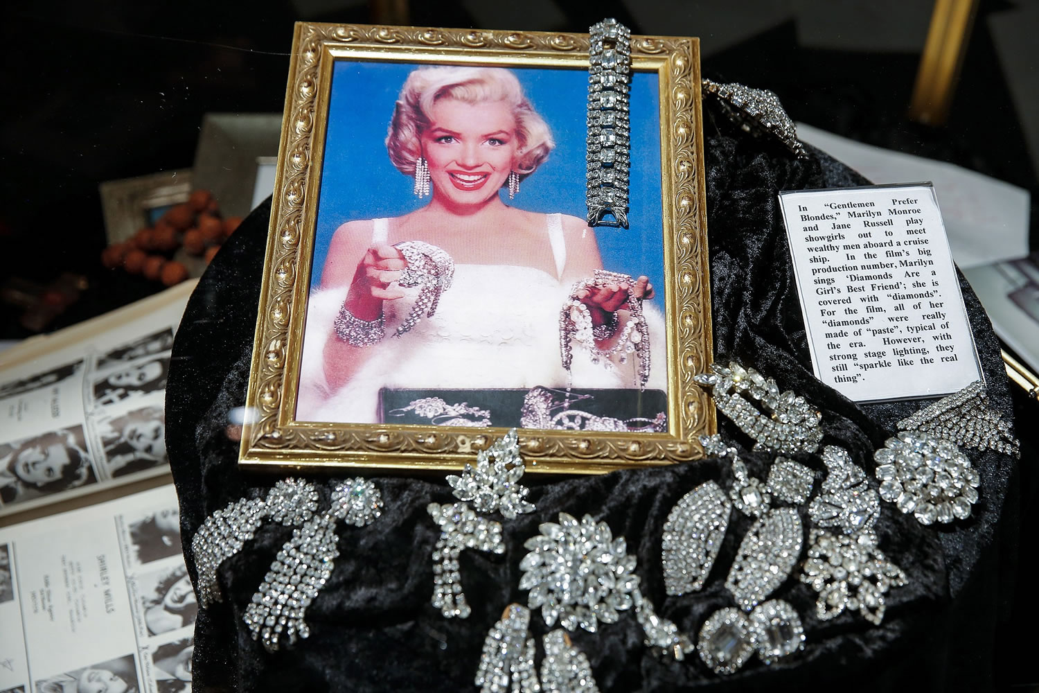 A production picture of Marilyn Monroe from the 1953 film, &quot;Gentleman Prefer Blondes,&quot; where she sang, &quot;Diamonds are a Girl's Best Friend,&quot; on display at the Hollywood Museum exhibit, &quot;Marilyn, The Exhibit,&quot; in Hollywood, Calif.
