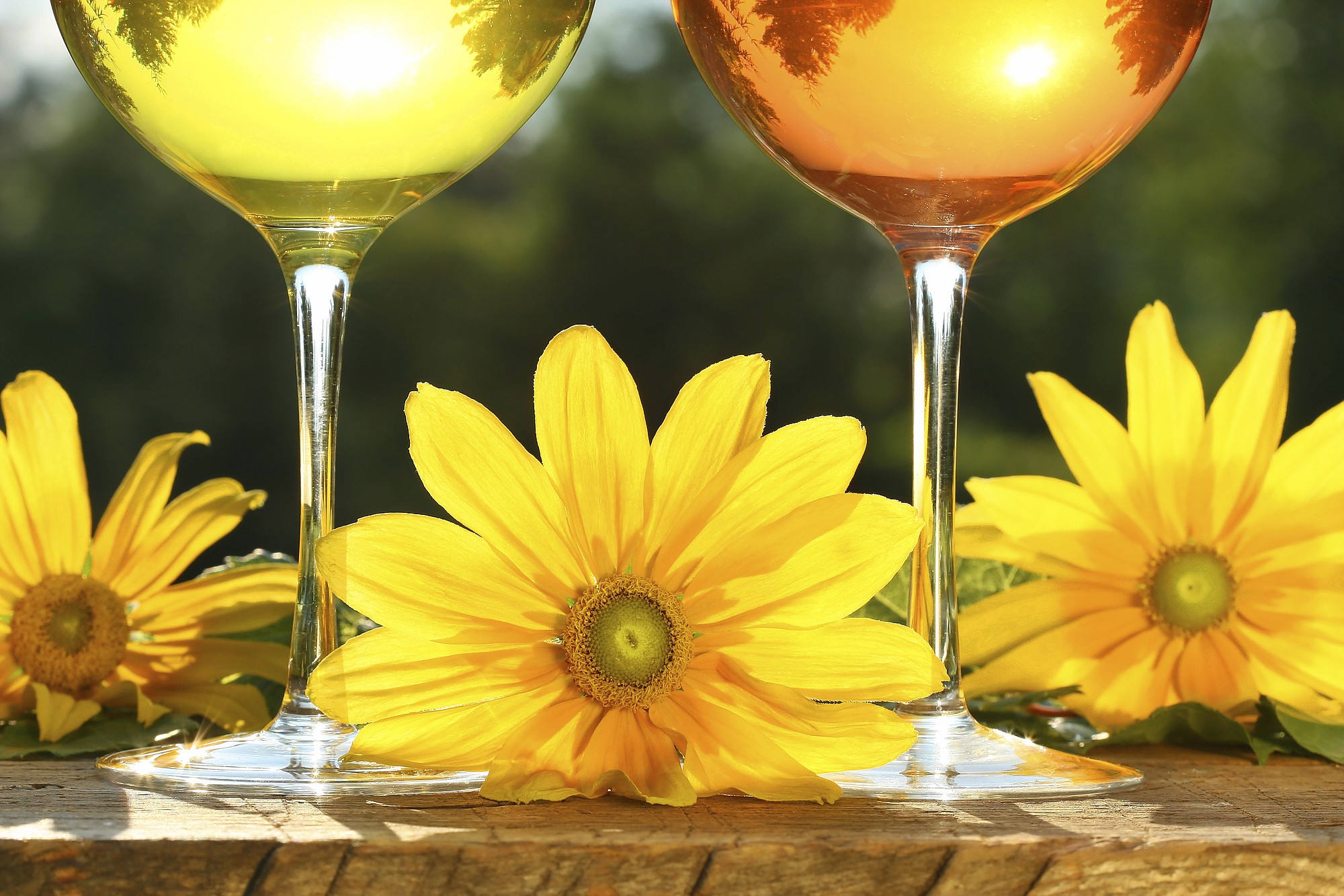 Golden wine in the sun on rustic table