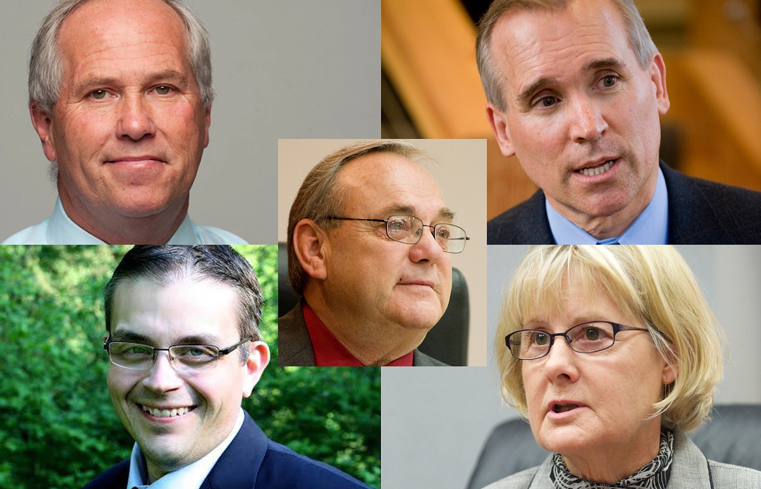 Clark County Council chair candidates, clockwise from top left: Marc Boldt, no party preference; David Madore,
Republican; Jeanne Stewart, Republican; Mike Dalesandro, Democrat; and Tom Mielke, Republican, center.