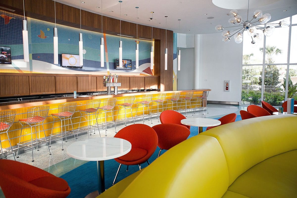 The Swizzle Lounge, located across from the check-in desk in the lobby of Cabana Bay Beach Resort in Orlando, Fla., serves updated versions of favorite midcentury cocktails such as the Tom Collins, the Sidecar and the Manhattan.