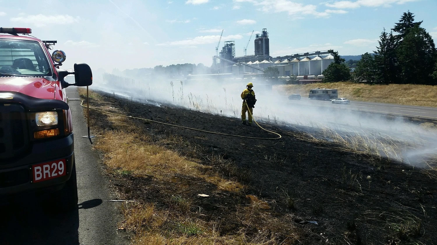 Fire burned five acres in the median of Interstate 5 near Kalama.