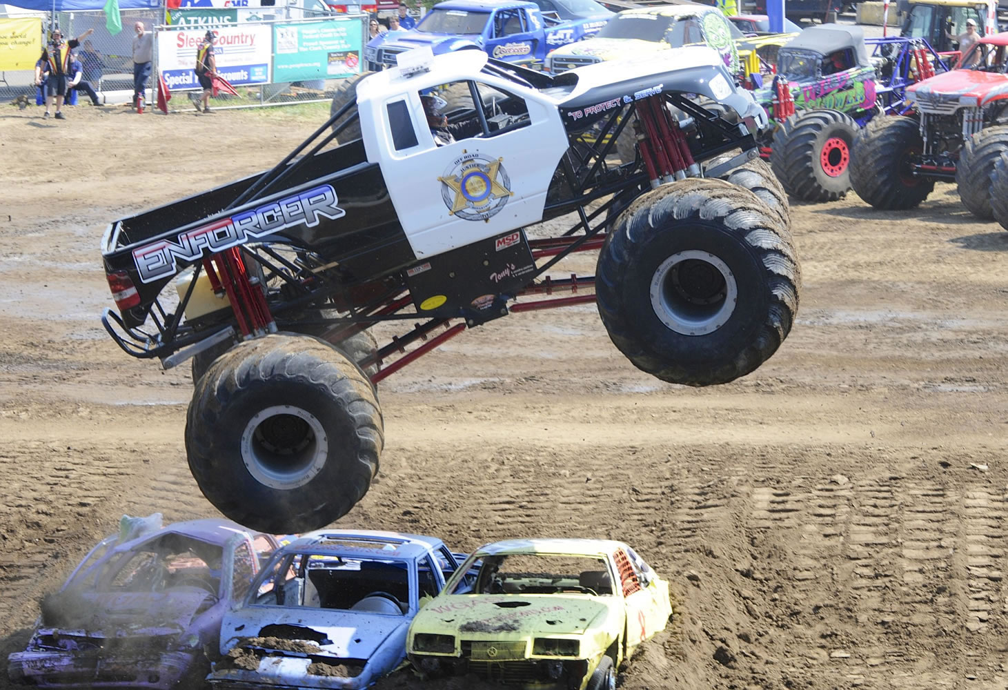 One of the monster trucks performs Sunday at the Clark County Fair.