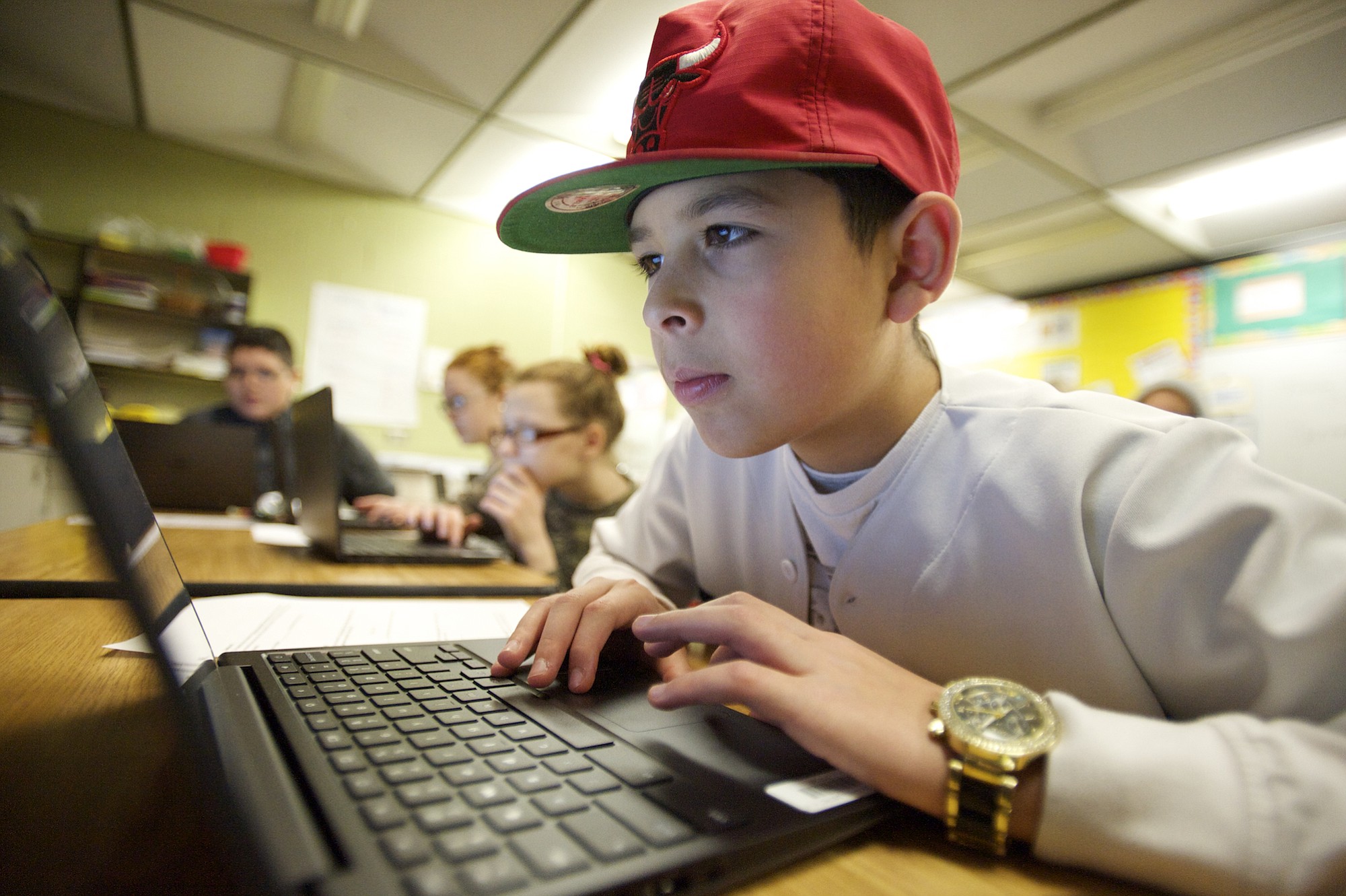 The Columbian files
Wy'East Middle School sixth grader Angel Amador, 12, uses a Chromebook to take a Smarter Balanced practice test in math in February. Last spring, some state tests were replaced by the Smarter Balanced assessments.
