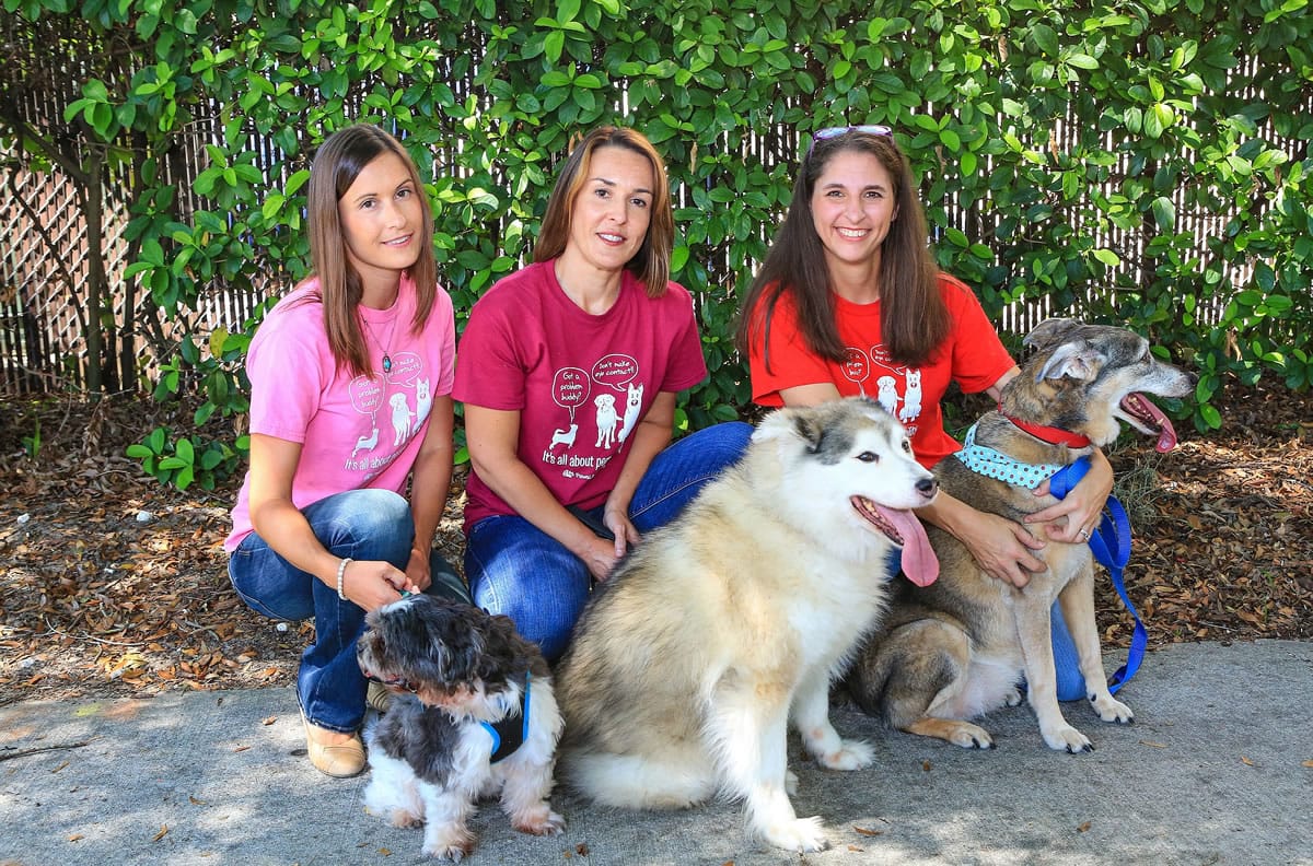Marianna Benko, from left, Elizabeth Holmes and Coleen Johnston, co-founders of PawLikeMe, a canine matching service, gather with their dogs Aug.