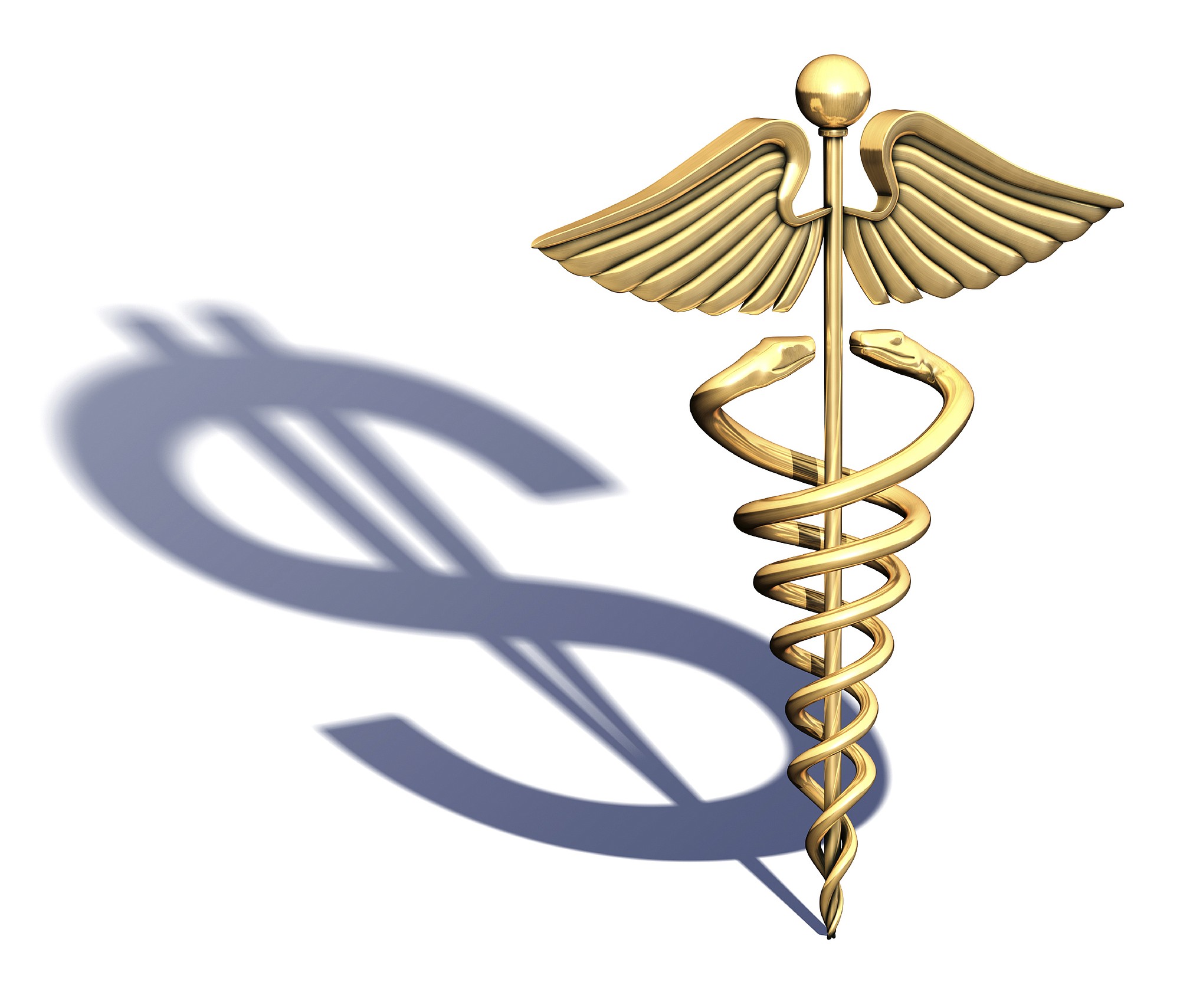 Gold caduceus casting a shadow of a dollar on a white background