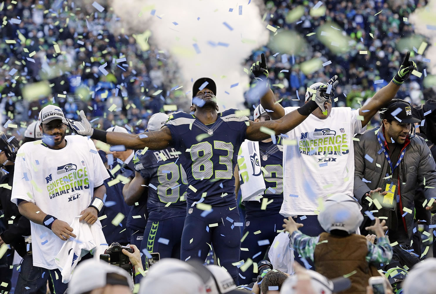 Seattle Seahawks players celebrate after winning thel NFC Championship game against the Green Bay Packers Sunday, Jan. 18, 2015, in Seattle.