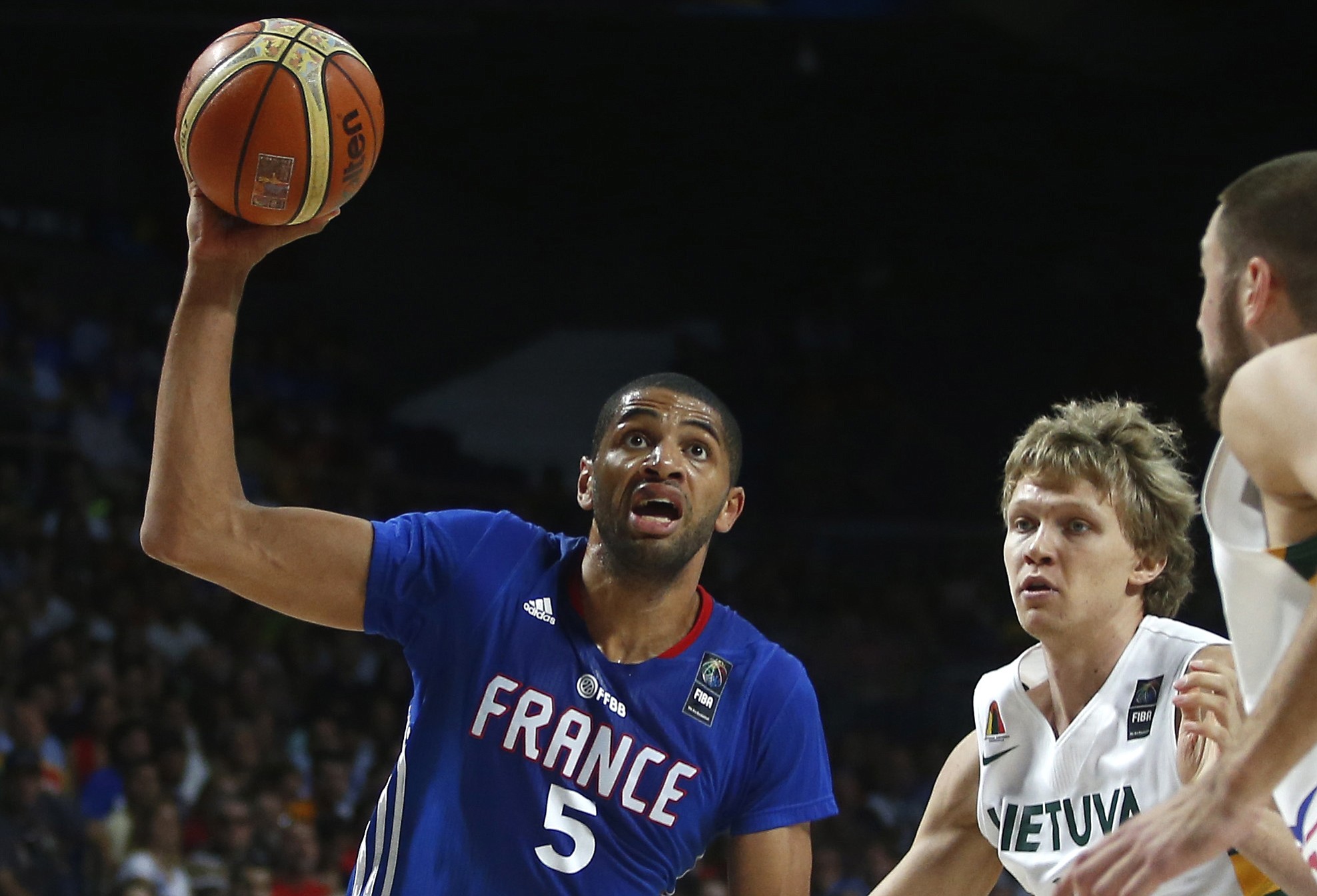 Nicolas Batum (5) said playing for France this summer, helping his team to the bronze medal at the basketball World Cup in Spain, can only make him a better leader for the Portland Trail Blazers this season.