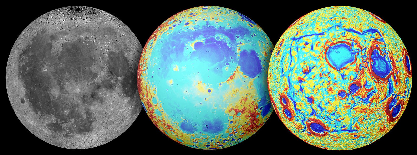 NASA/Colorado School of Mines/MIT/JPL/Goddard Space Flight Center
The giant basin on the near side of the moon may have been formed by ancient magma flows rather than a massive asteroid. The moon as observed in visible light, from left, topography (where red is high and blue is low) and the GRAIL gravity gradients.