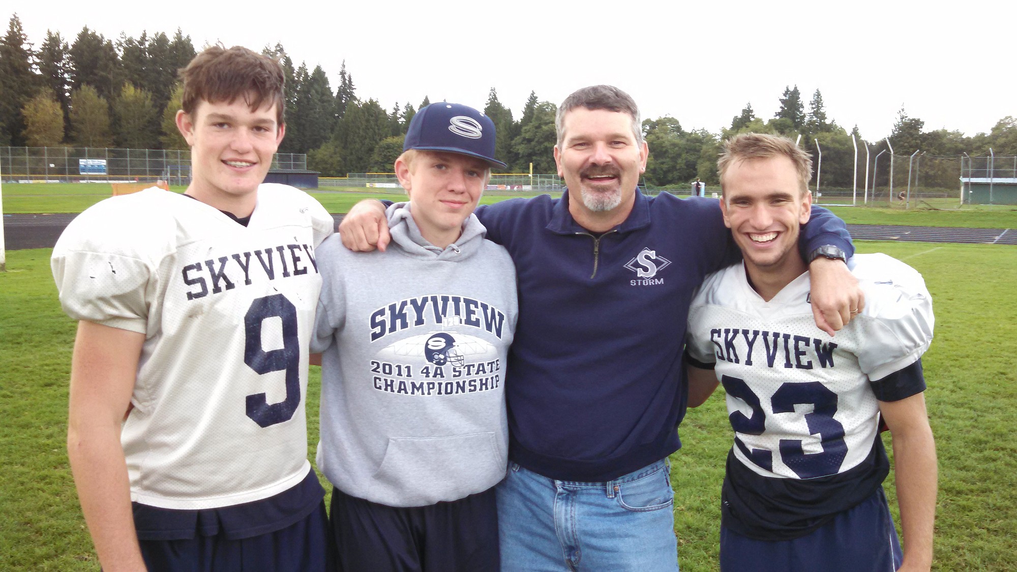 The Skyview field goal unit, from left, holder Brody Barnum,  snapper Thomas Fletcher, guest holder Carl Click and kicker Braden Hadfield.
