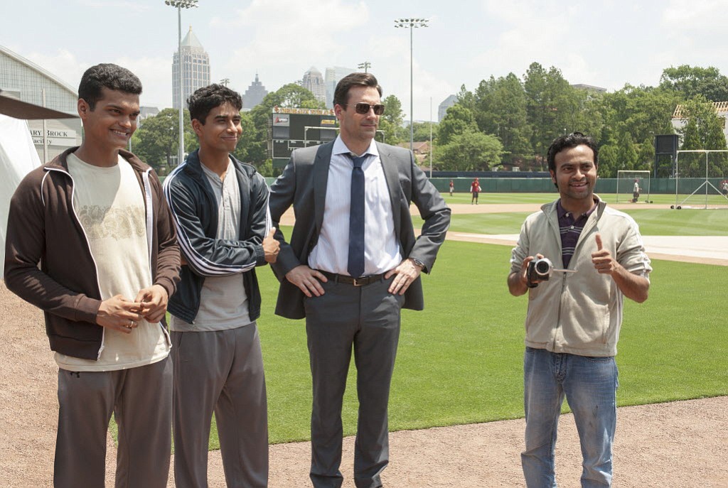 Madhur Mittal, from left, Suraj Sharma, Jon Hamm and Pitobash star in &quot;Million Dollar Arm.&quot;