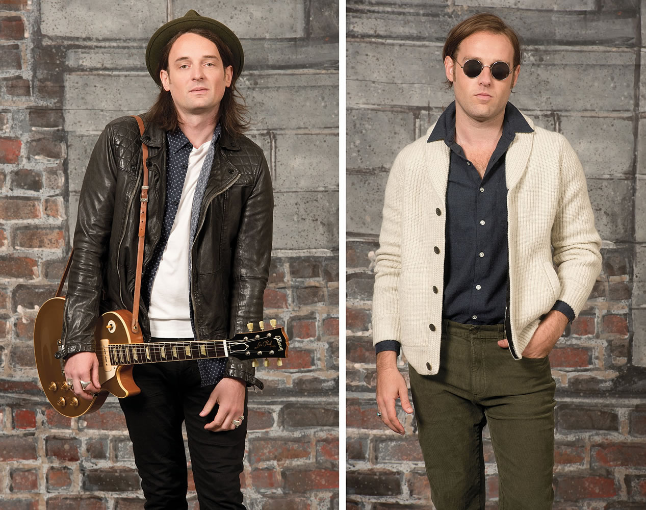 Paul Thornley, left, guitar player for U.S. Royalty, rocks the rocker role in a Conroy leather biker jacket, $650; worn over Crow Razor jeans, $160; Levant short-sleeved shirt, $140; and Tonic crew T-shirt, $50. His topper is a Hackman fedora. Right, his brother John Thornley (vocals) is laid-back in a brushed cotton navy shirt, $255, under a Jameson shawl wool cardigan, $450; with five-pocket corduroy pants, $69. Illustrates FASHION-MEN (category l), by Janet Kelly, special to The Washington Post. Moved Tuesday, Oct. 14, 2014.