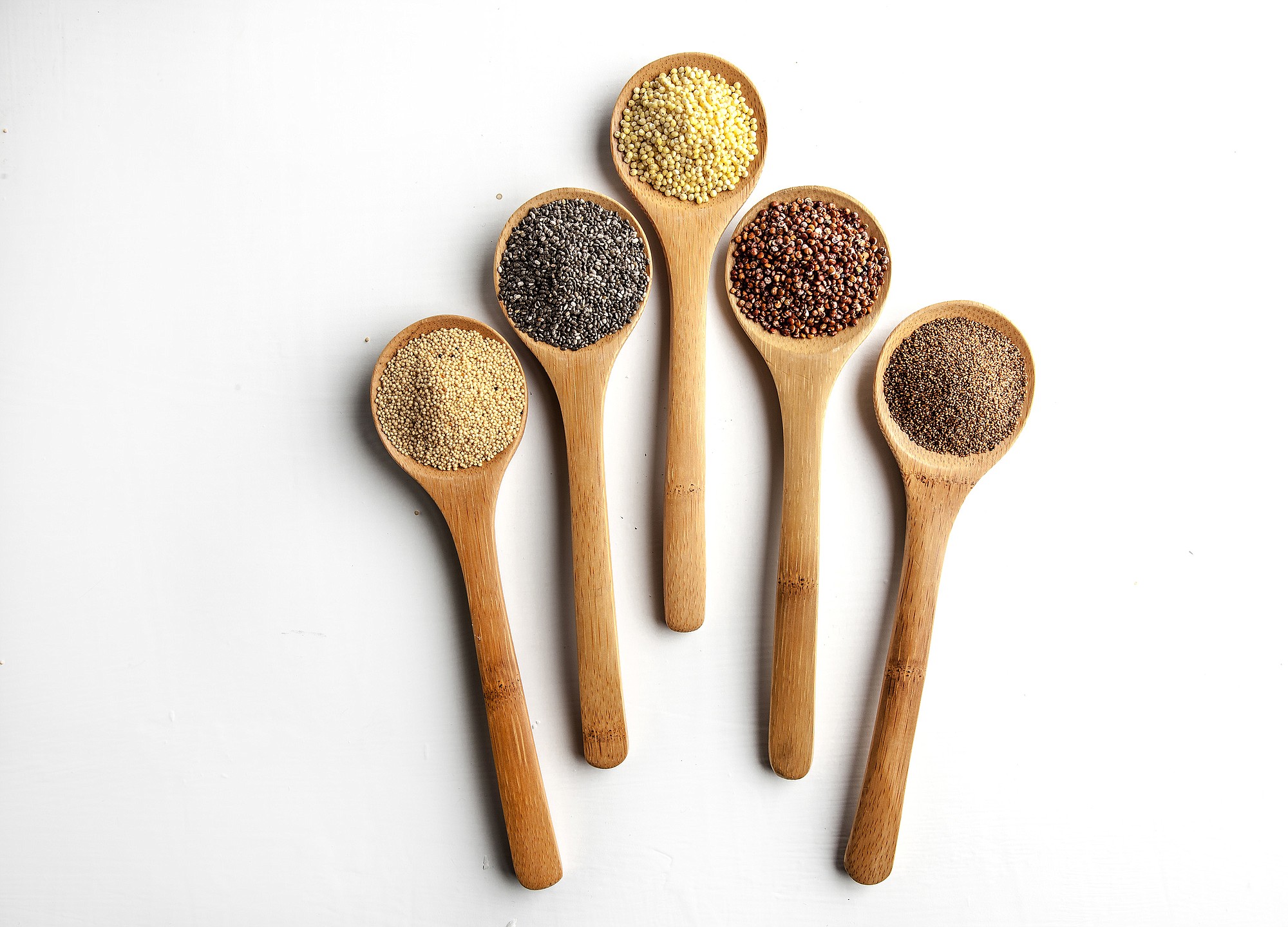 Try combining different grains, such as amaranth, from left, chia, millet, quinoa and teff.