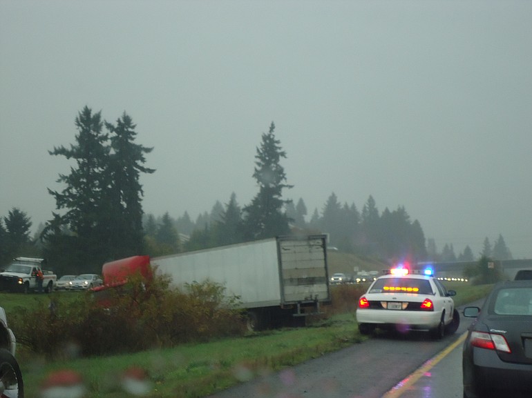 A jackknifed tractor-trailer between Mill Plain Boulevard and State Route 500 backed up traffic in both directions of Interstate 205 on Sunday afternoon.