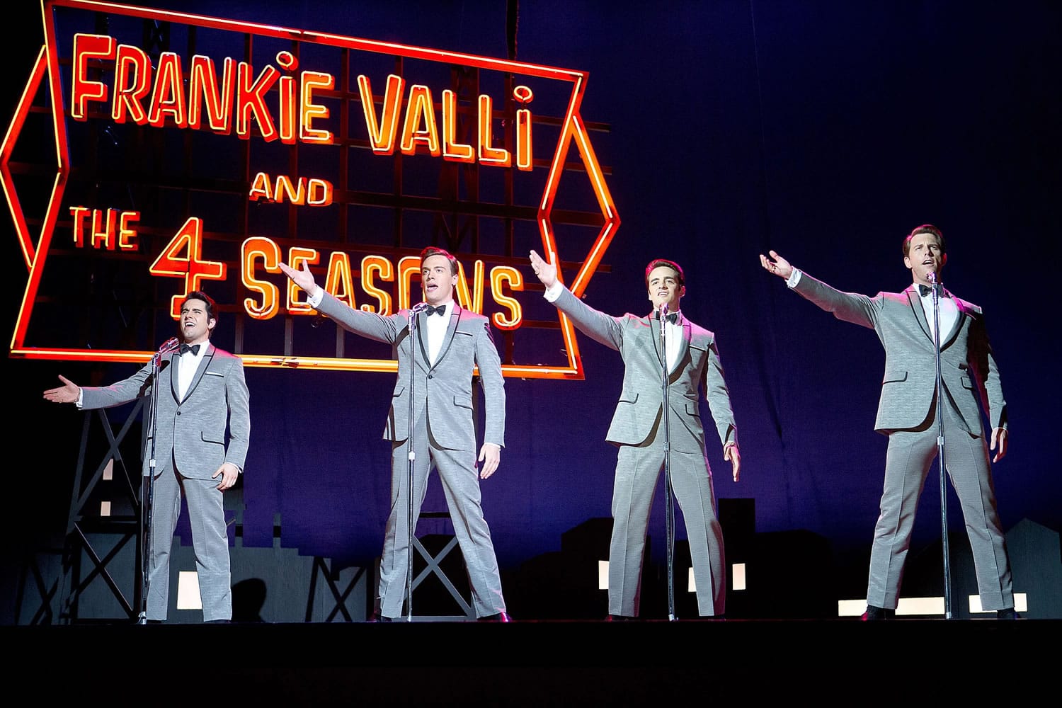 John Lloyd Young, from left, as Frankie Valli, Erich Bergen as Bob Gaudio, Vincent Piazza as Tommy DeVito, and Michael Lomenda as Nick Massi in &quot;Jersey Boys.&quot;