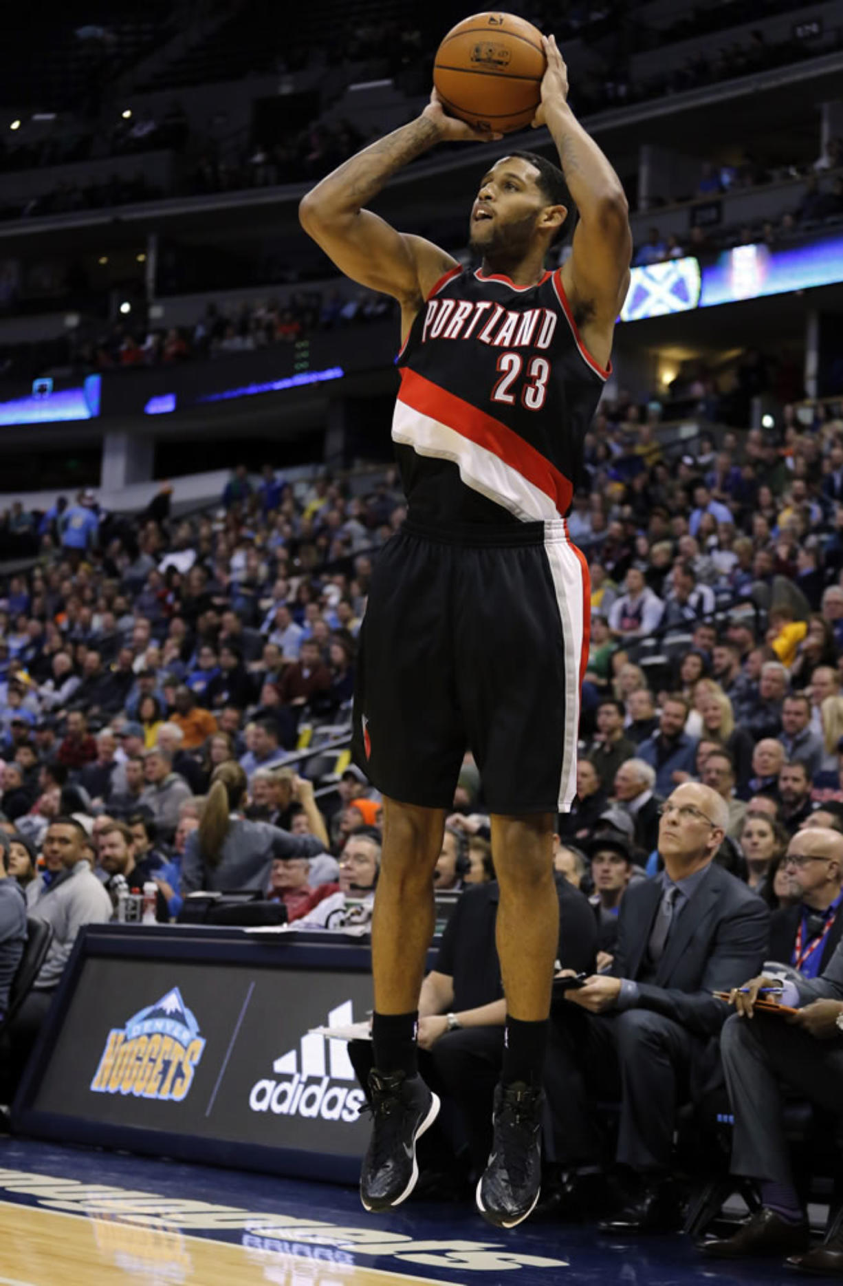 Portland guard Allen Crabbe shoots against the Denver Nuggets during the first half Wednesday. Crabbe has provided a boost to the lineup with Nic Batum out.