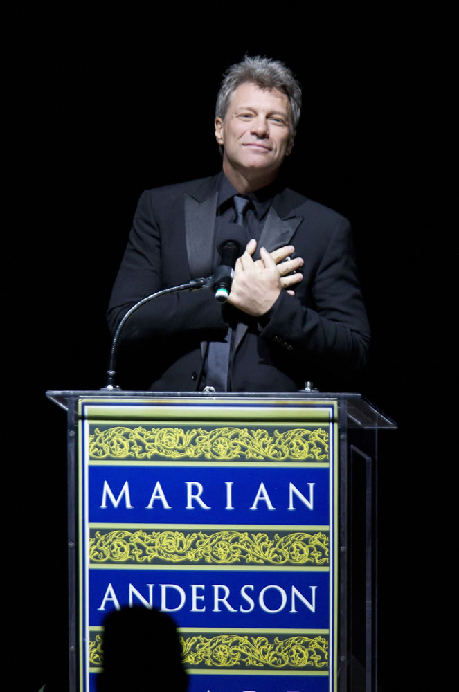 Charles Fox/Philadelphia Inquirer
Jon Bon Jovi acknowledges applause Tuesday after receiving the Marian Anderson Award during a star-studded gala at Philadelphia's Kimmel Center.